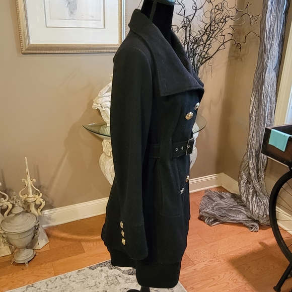 Guess Wool Blend Skirted Bottom Belted Pea Coat - Picture 9 of 13